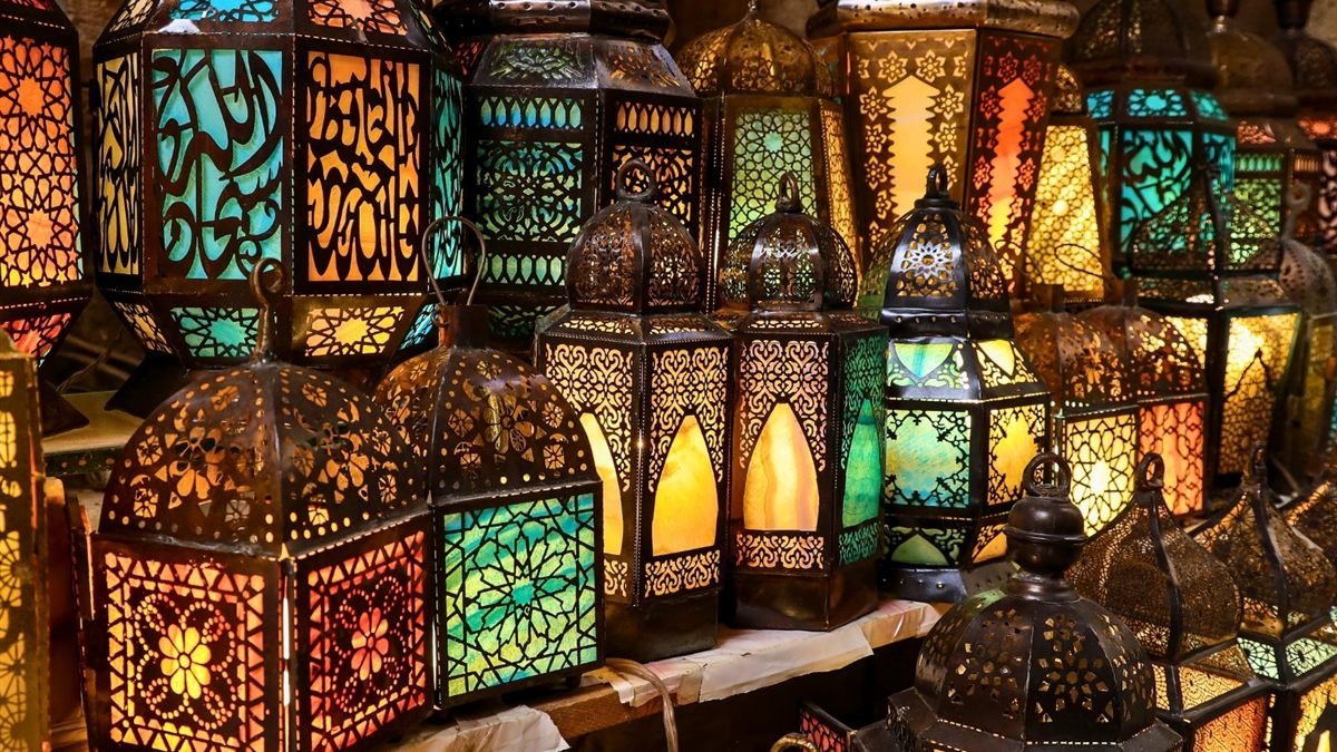 Colourful brass and glass lanterns for sale in Khan El Khalili, Cairo